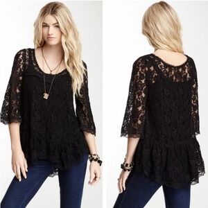 Free People Black Scallop Lace Floral Peplum Top